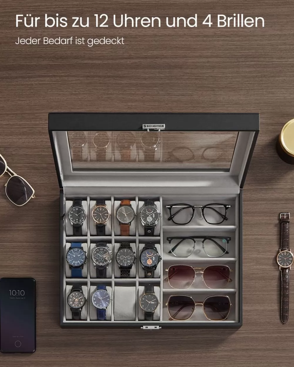 abschliebare_uhrenbox_mit__fchern_tintenschwarz_2.webp Outlet SONGMICS Abschließbare Uhrenbox mit 16 Fächern tintenschwarz