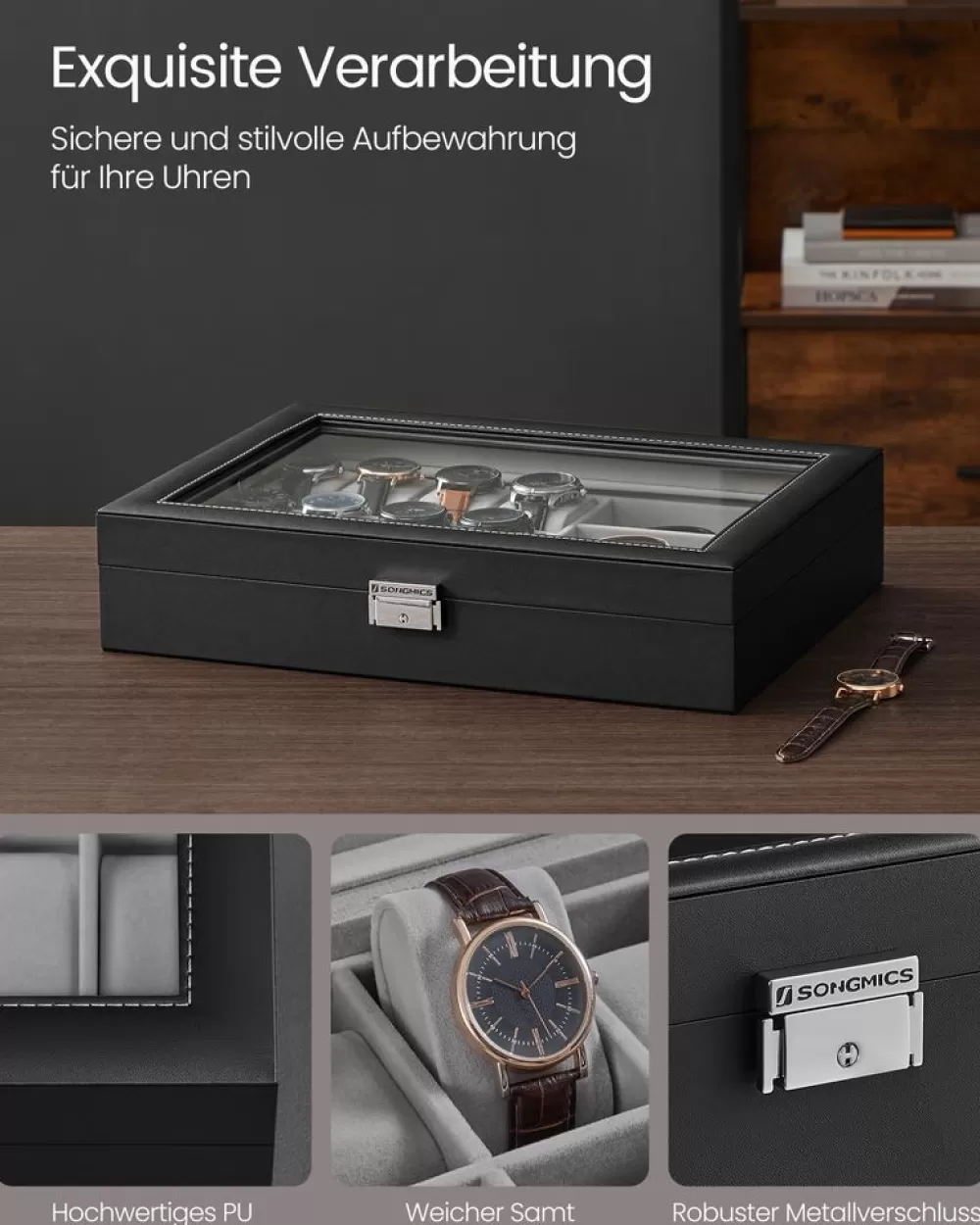 abschliebare_uhrenbox_mit__fchern_tintenschwarz_3.webp Outlet SONGMICS Abschließbare Uhrenbox mit 16 Fächern tintenschwarz
