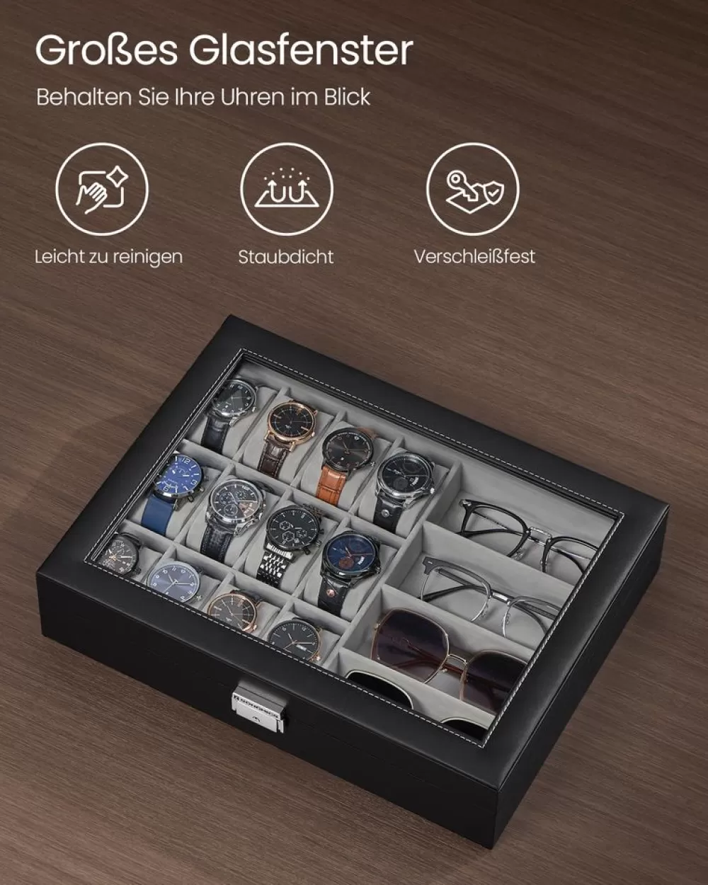 abschliebare_uhrenbox_mit__fchern_tintenschwarz_5.webp Outlet SONGMICS Abschließbare Uhrenbox mit 16 Fächern tintenschwarz