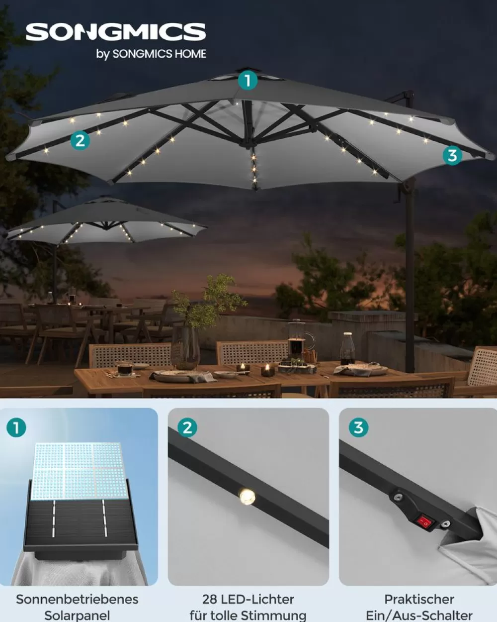Discount SONGMICS Ampelschirm drehbar mit Kurbel taubengrau