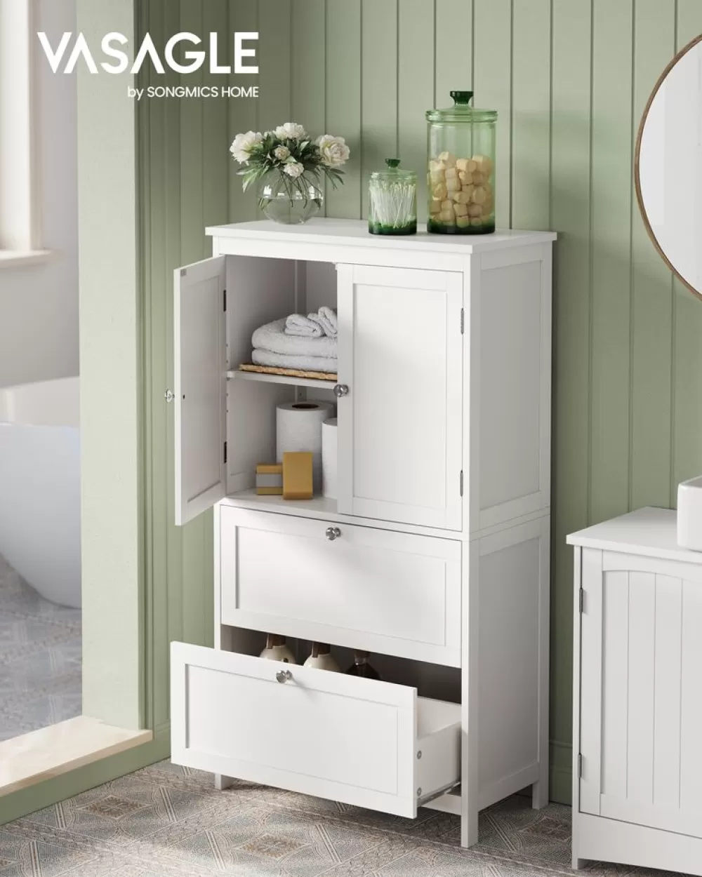 Clearance SONGMICS Badezimmerschrank 30 x 60 x 110 cm mit 2 Türen und 2 Schubladen