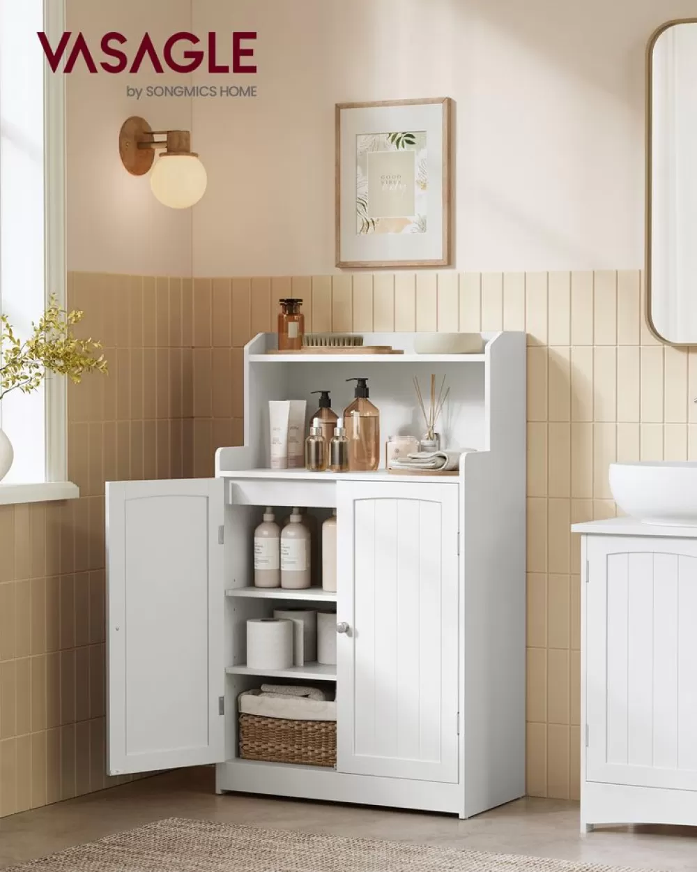 Best SONGMICS Badezimmerschrank mit 2 Türen und Eingeböden wolkenweiß