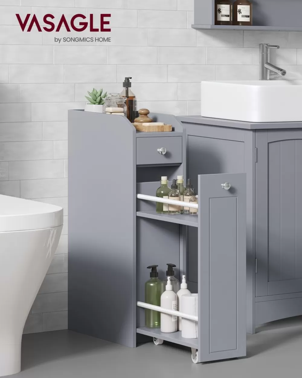 Online SONGMICS Badezimmerschrank mit Schubladen für Toilettenpapier schmal Taubengrau
