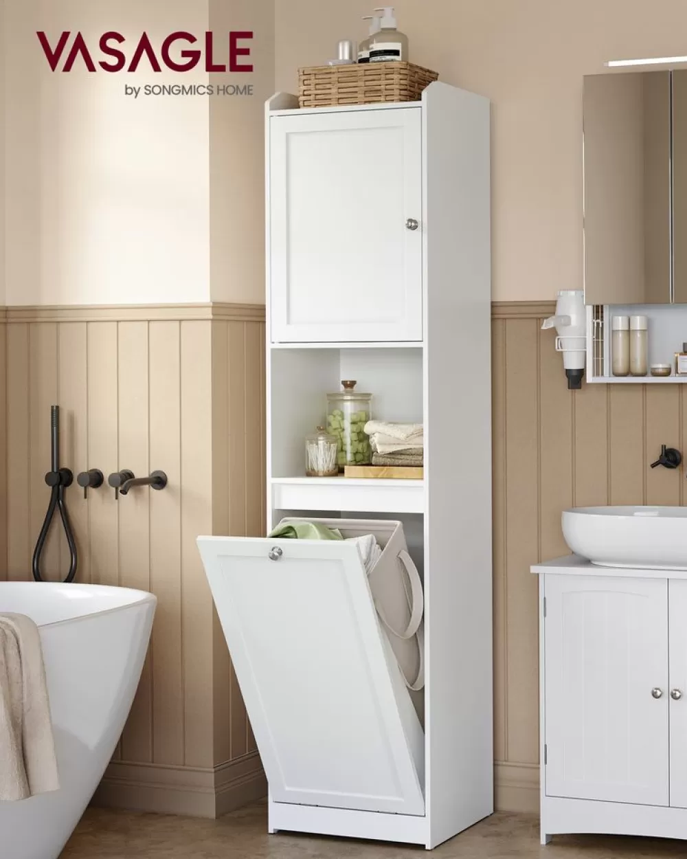 Shop SONGMICS Badezimmerschrank mit Wäschekorb 40 x 40 x 170 cm