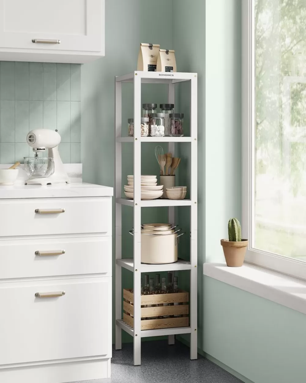 badregal_schmal_mit__ebenen_wolkenwei_4.webp Best Sale SONGMICS Badregal schmal mit 5 Ebenen wolkenweiß