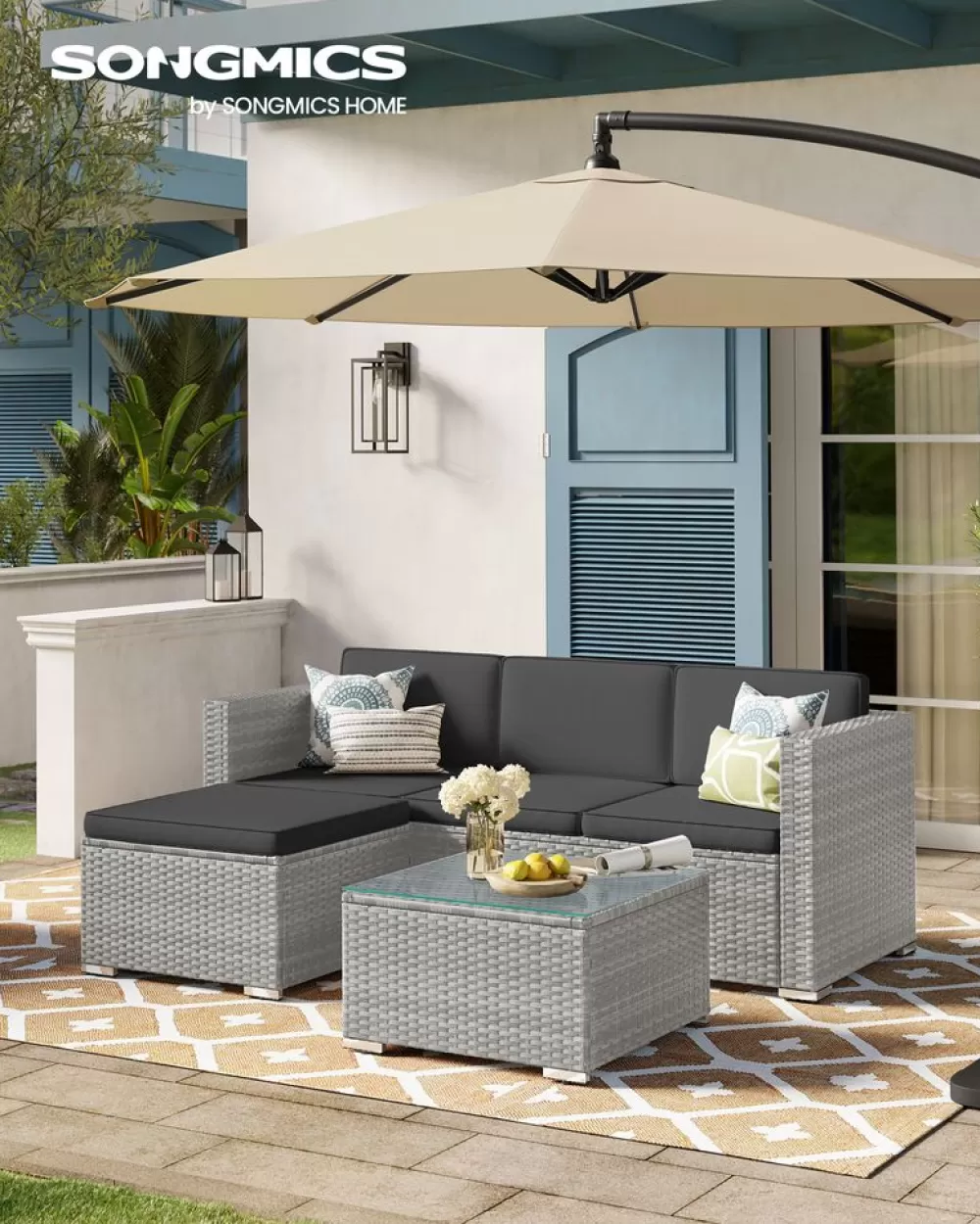Flash Sale SONGMICS Balkonmöbel aus PE-Polyrattan mit Kissen und Glastisch