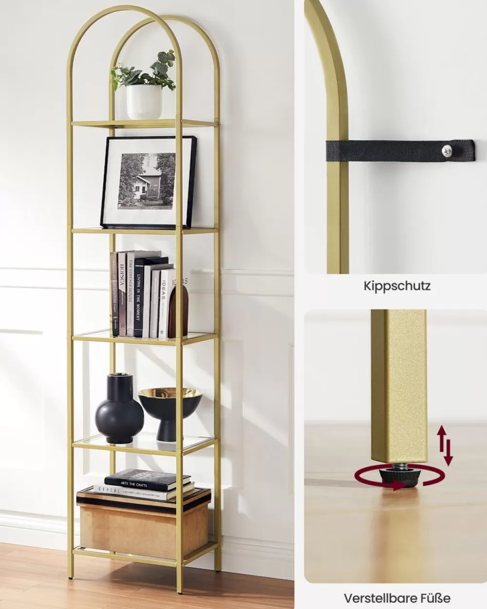 New SONGMICS Bücherregal 5 Ebenen bogenförmig Metallstruktur goldfarben-transparent