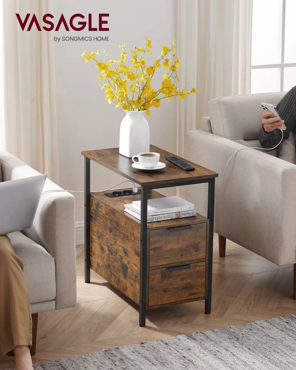 Cheap SONGMICS Beistelltisch mit Steckdosenleiste und 2 Schubladen