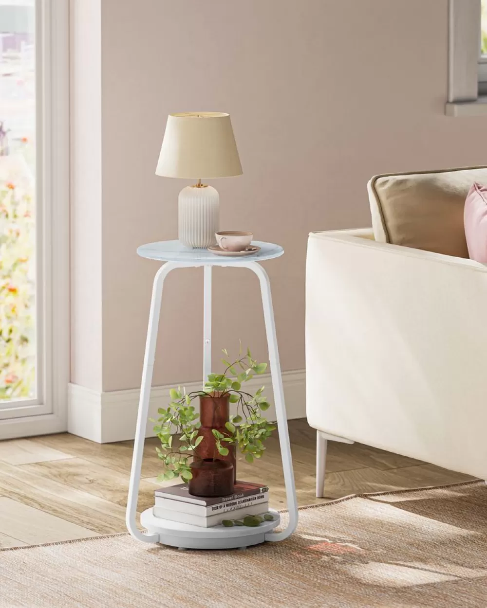 Flash Sale SONGMICS Beistelltisch rund mit 2 Ebenen und Glasplatte und Ablage