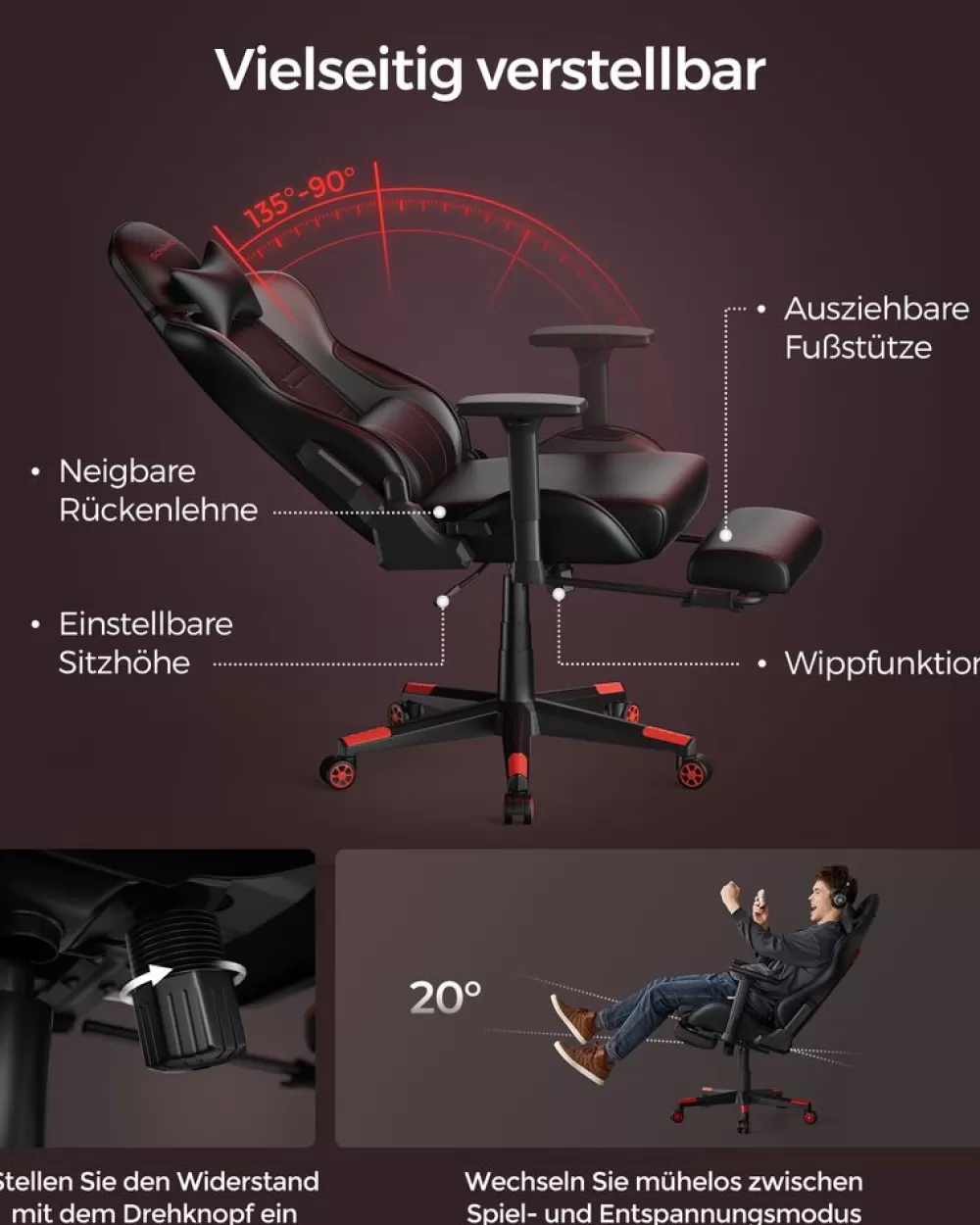 brostuhl_ergonomisch_armlehnen_kopfkissen_schwarzrot_2.webp Sale SONGMICS Bürostuhl ergonomisch Armlehnen Kopfkissen schwarz-rot