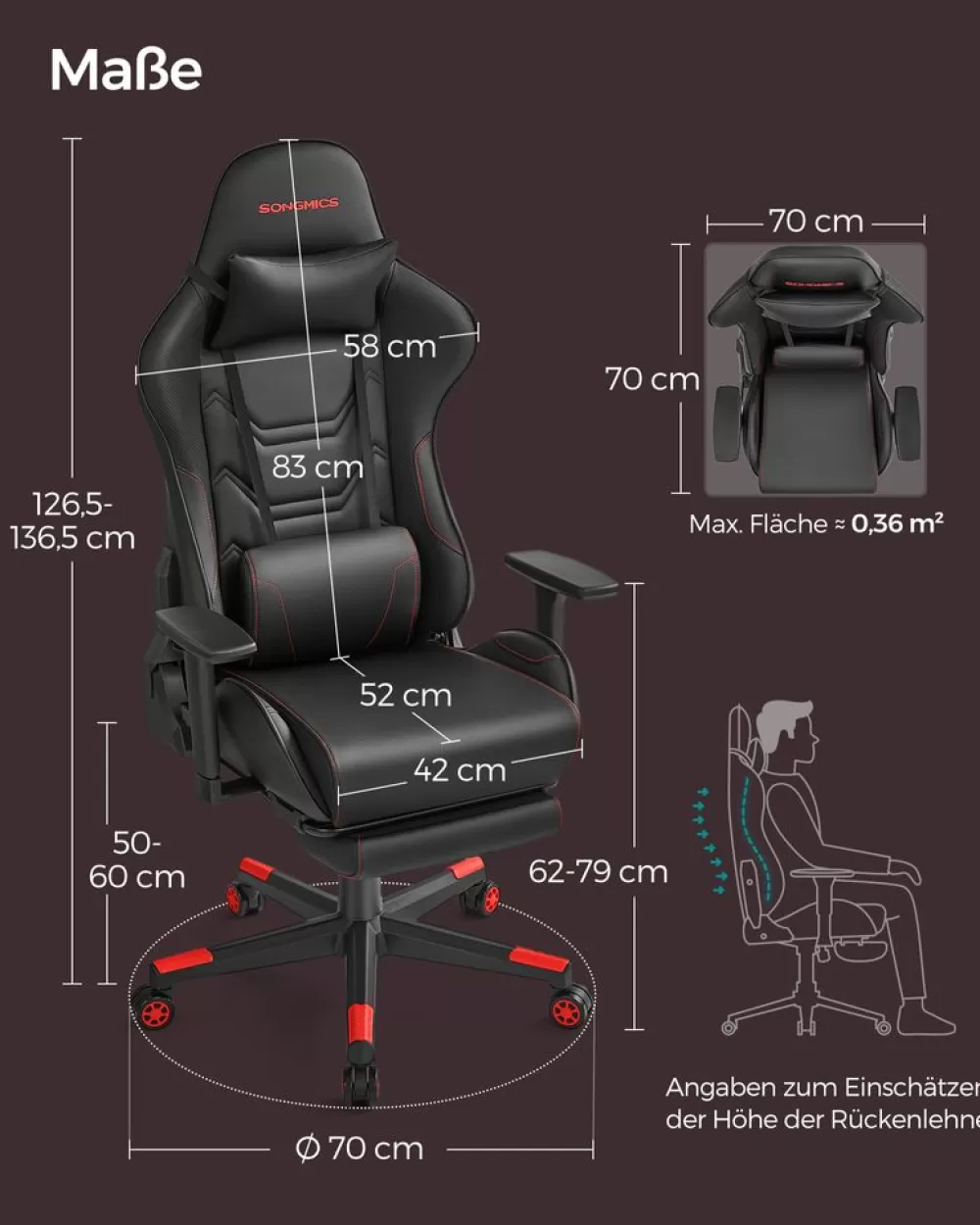 brostuhl_ergonomisch_armlehnen_kopfkissen_schwarzrot_5.webp Sale SONGMICS Bürostuhl ergonomisch Armlehnen Kopfkissen schwarz-rot