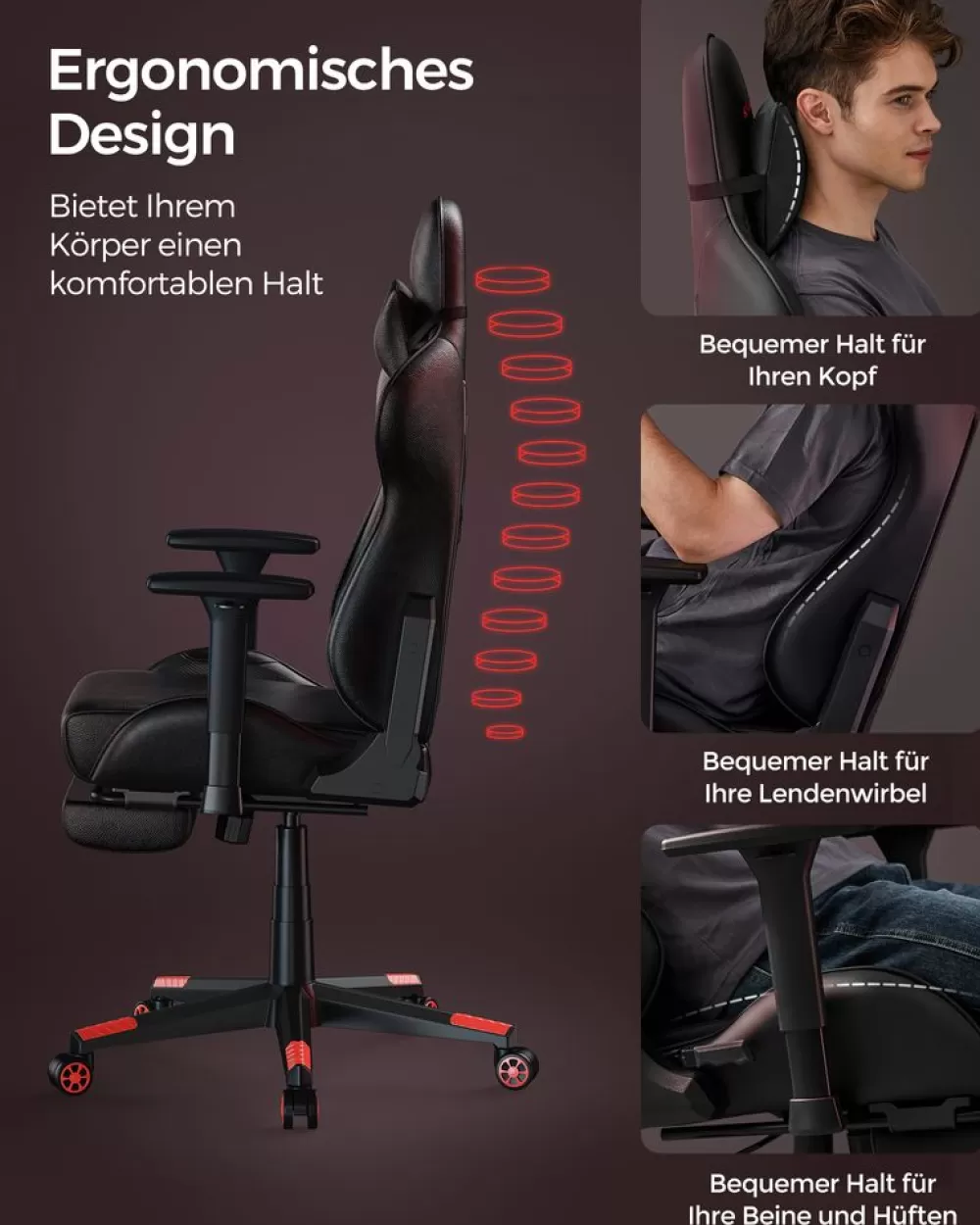 brostuhl_ergonomisch_armlehnen_kopfkissen_schwarzrot_6.webp Sale SONGMICS Bürostuhl ergonomisch Armlehnen Kopfkissen schwarz-rot