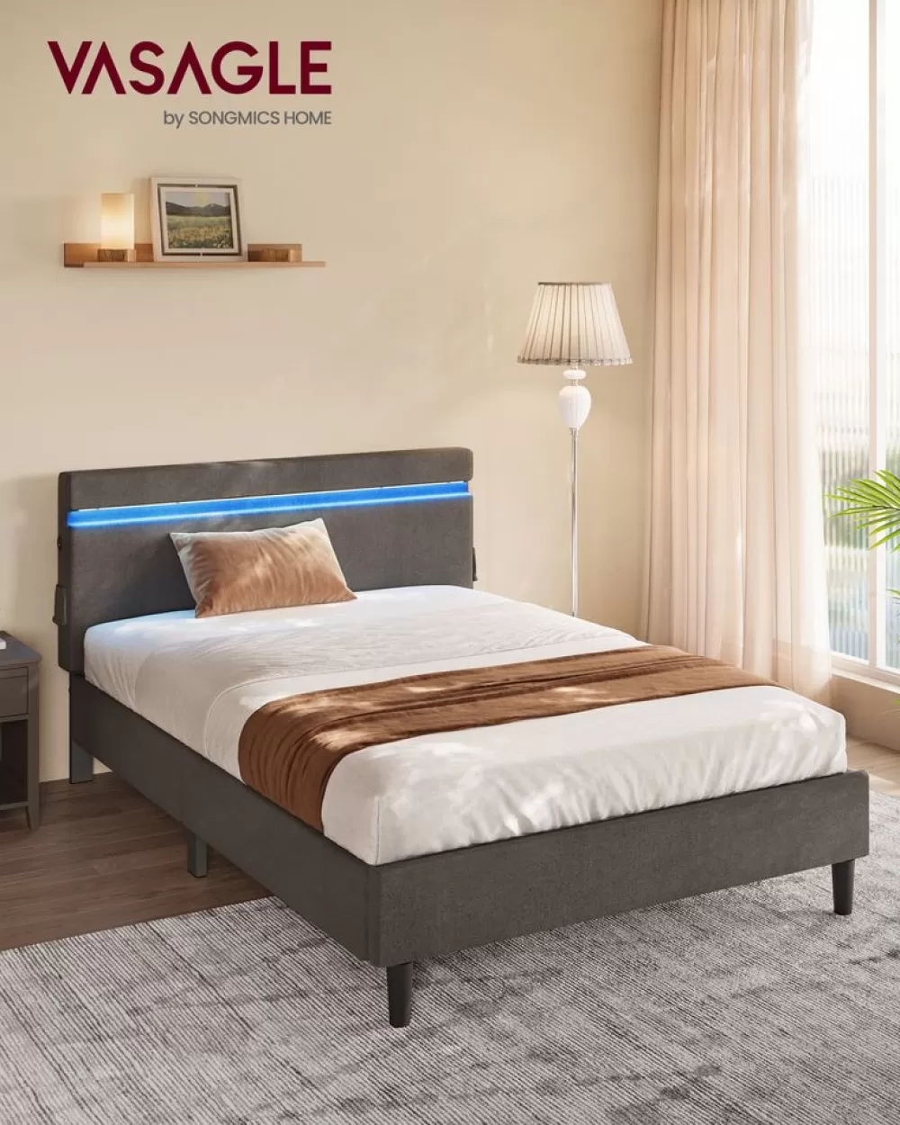 Flash Sale SONGMICS Doppelbett aus Metall 140 x 190 cm LED-Beleuchtung dunkelgrau