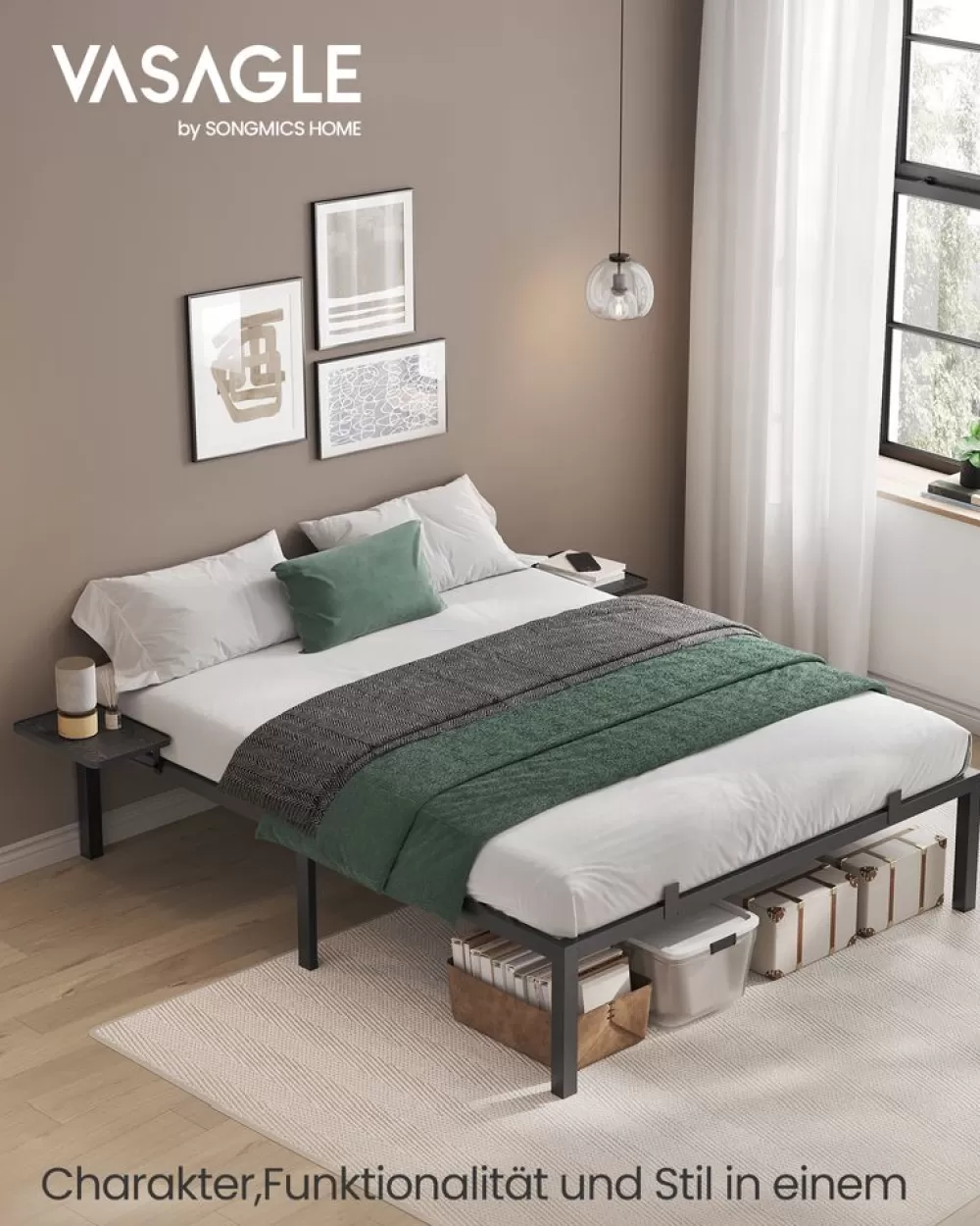 Cheap SONGMICS Doppelbettgestell aus Metall 140 x 190 cm mit Aufbewahrungsregalen Klassikschwarz