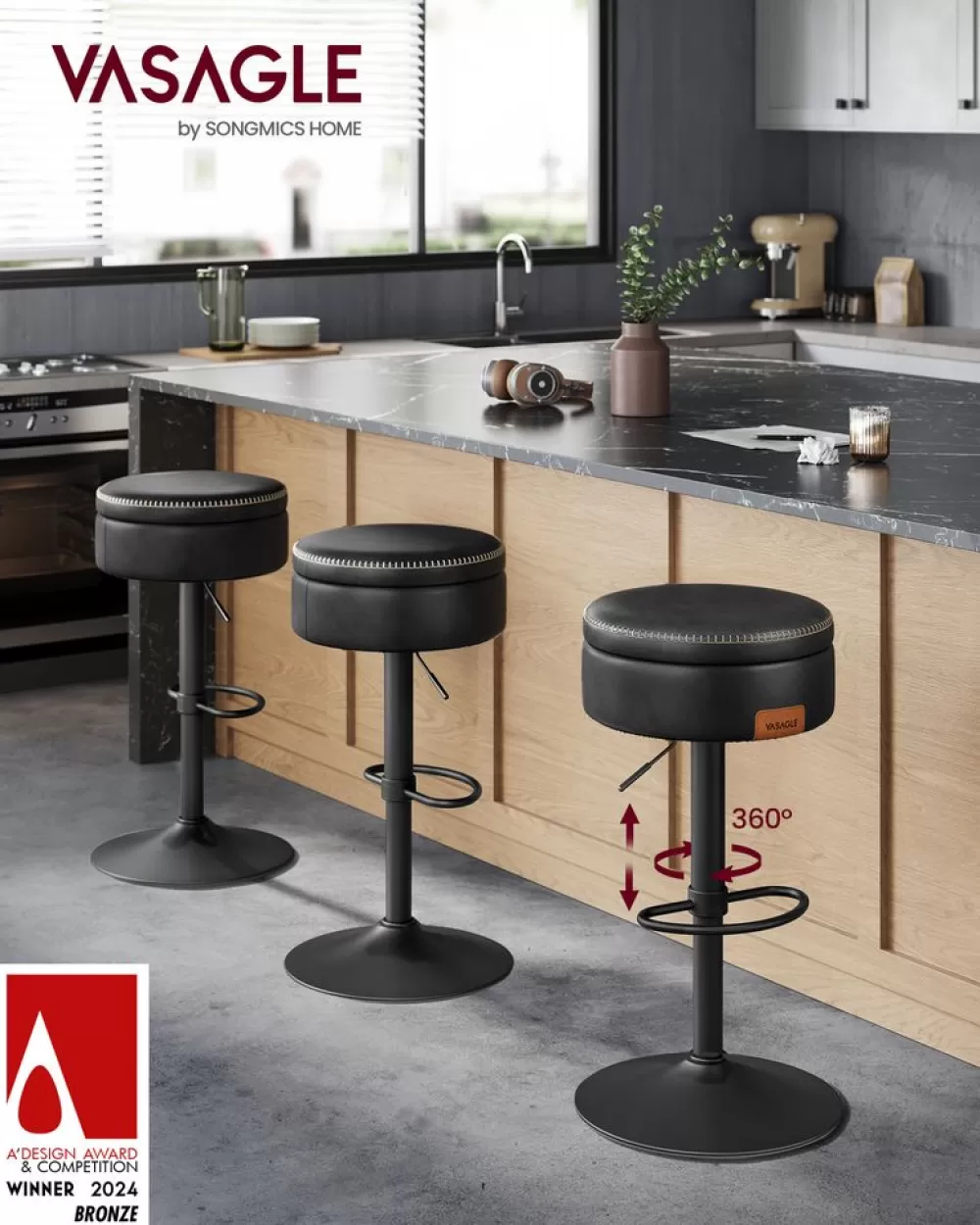 Fashion SONGMICS Drehbarer Barhocker mit Stauraum tintenschwarz
