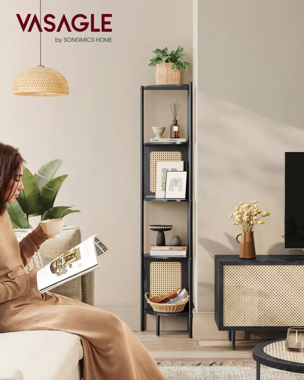 Flash Sale SONGMICS Eckregal mit 5 Ebenen und Rattan-Seitenplatten ebenholzschwarz