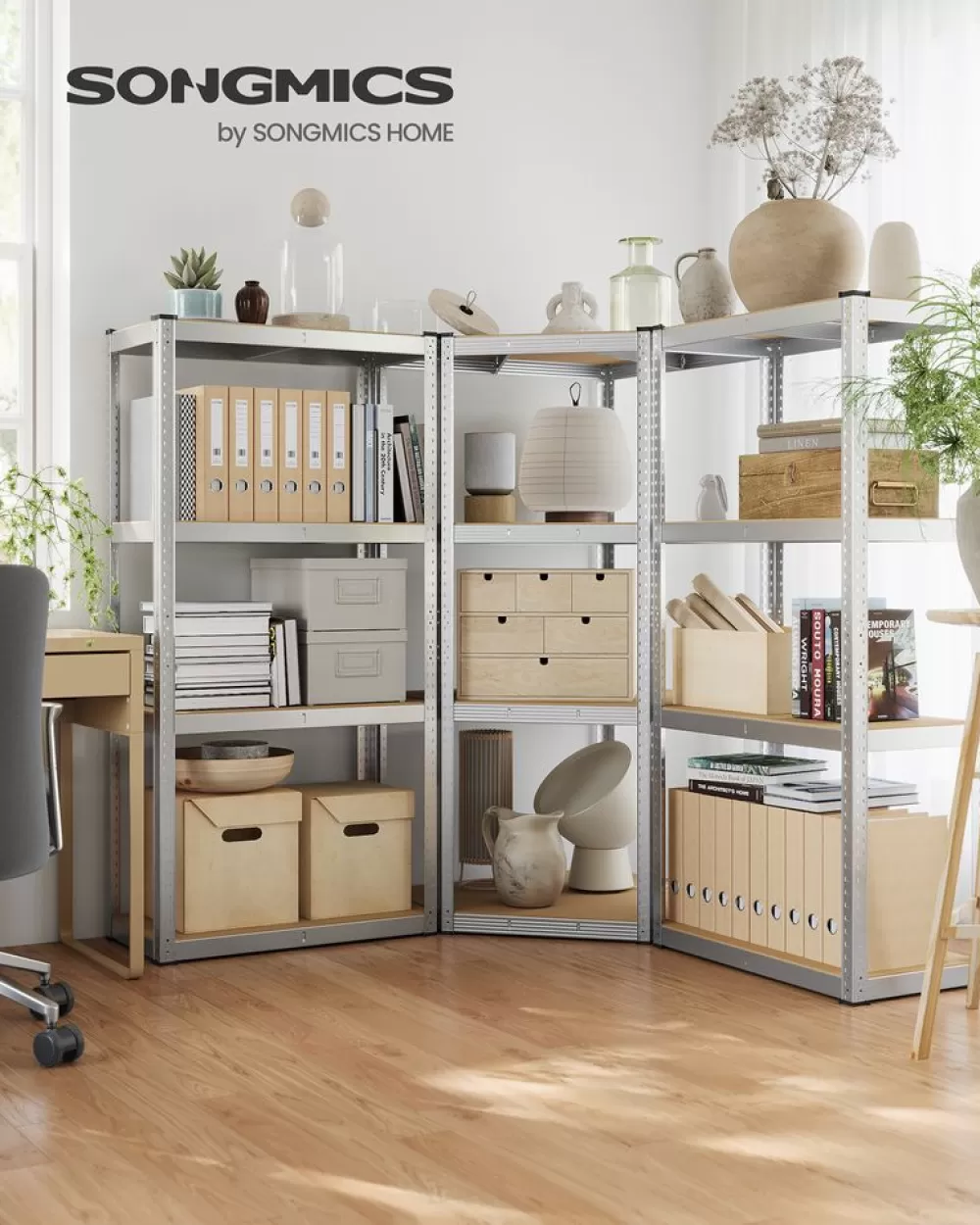 Outlet SONGMICS Eckregal-Set 4 Ebenen aus Metall silbern-naturbeige