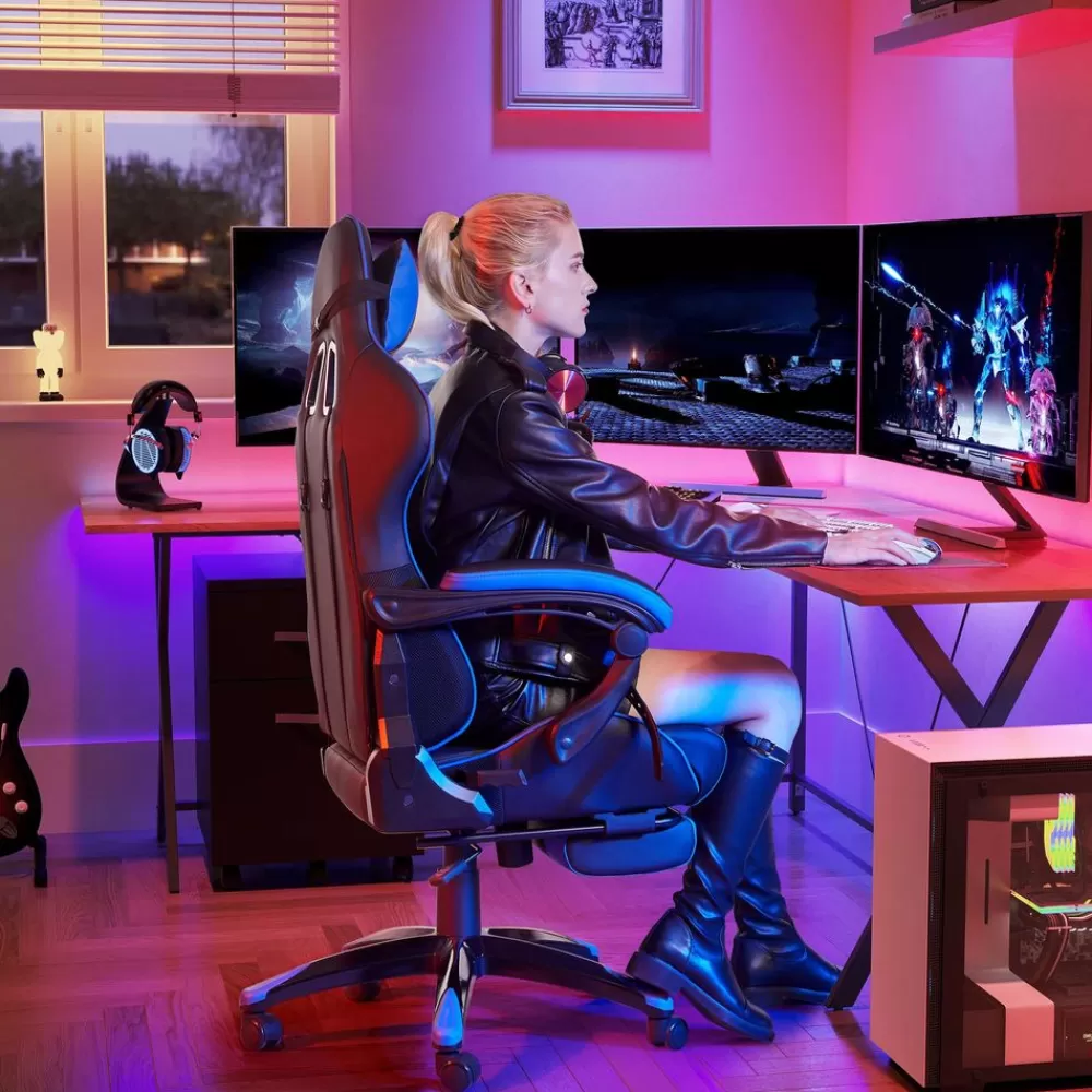 Best Sale SONGMICS Gamingstuhl mit Fußstütze -Blau Schwarz