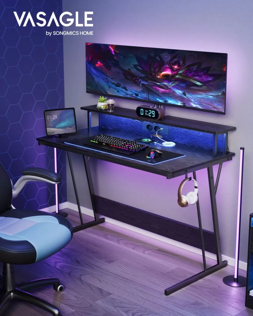 Fashion SONGMICS Gaming-Tisch mit LED-Beleuchtung