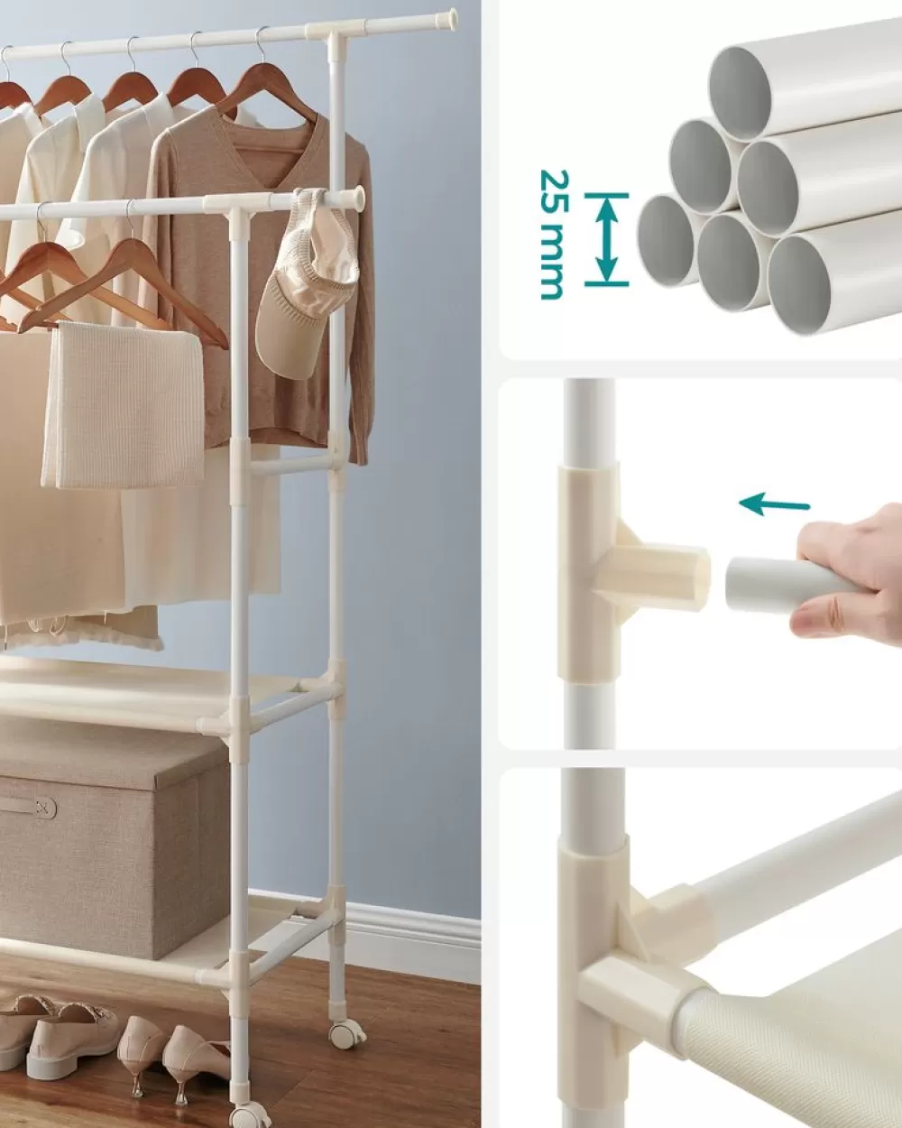 garderobenstnder_mit__kleiderstangen_metall_wei_5.webp Store SONGMICS Garderobenständer mit 2 Kleiderstangen Metall weiß Weiβ