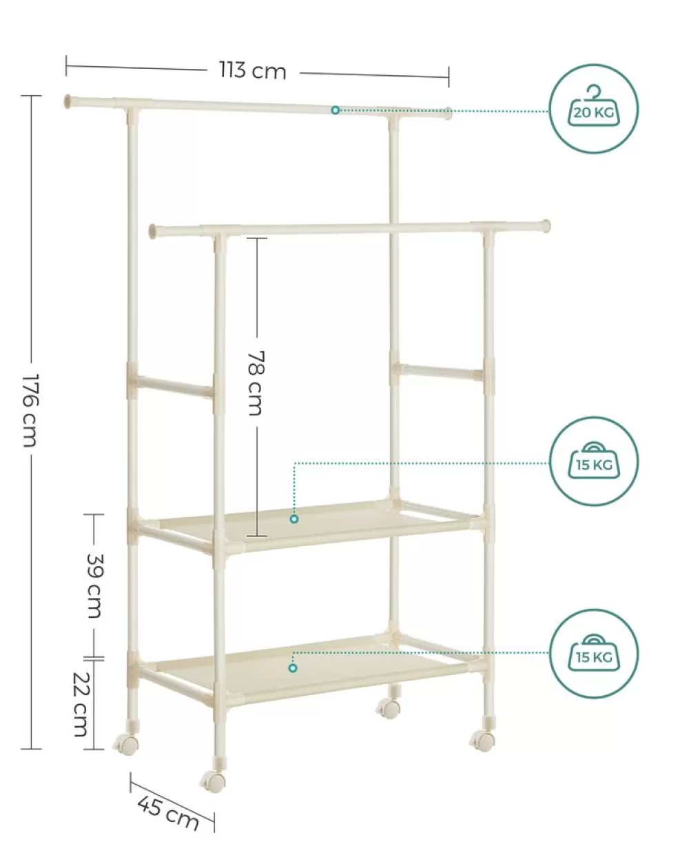 garderobenstnder_mit__kleiderstangen_metall_wei_6.webp Store SONGMICS Garderobenständer mit 2 Kleiderstangen Metall weiß Weiβ