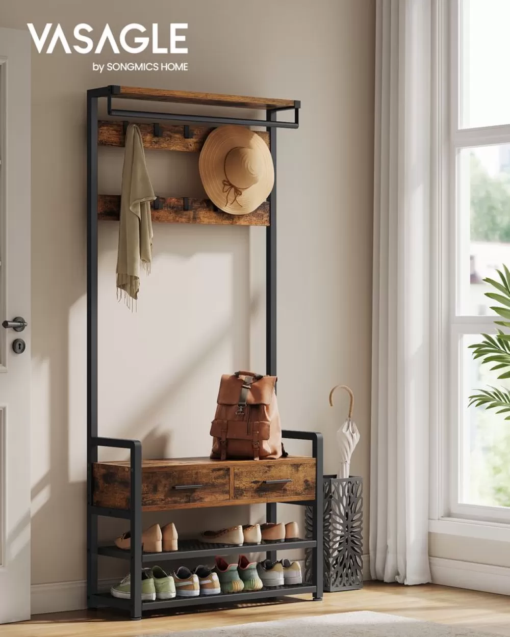 New SONGMICS Garderobenständer mit Schuhbank und 10 Haken Vintagebraun-Tintenschwarz