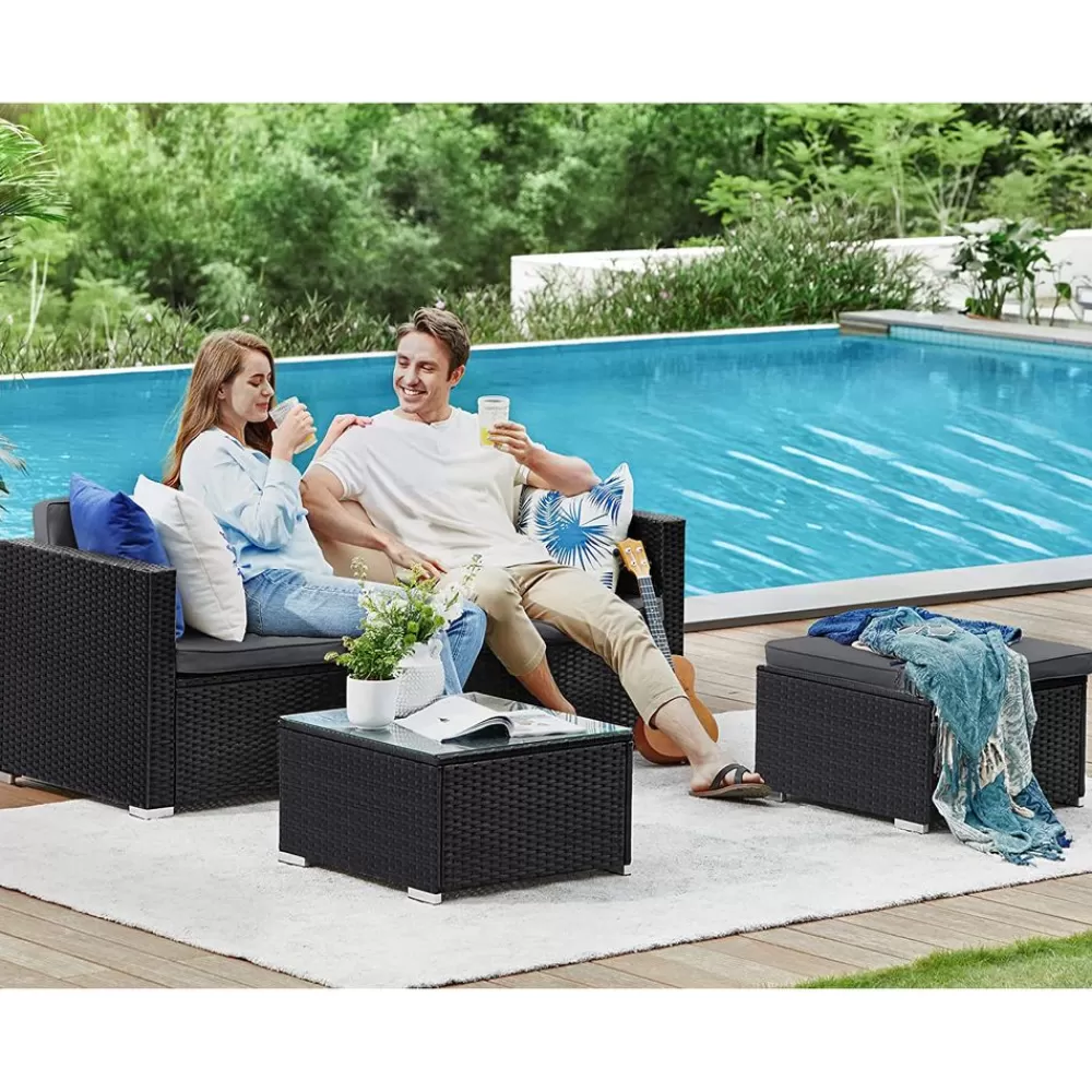 Outlet SONGMICS Gartenmöbel-Set mit Kissen und Glastisch Schwarz-Grau