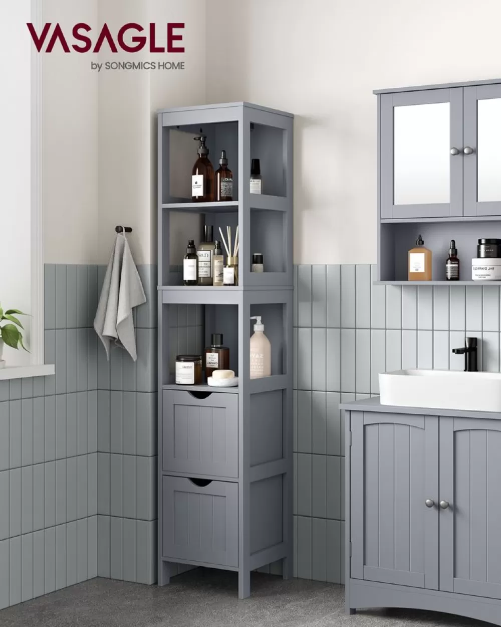 Hot SONGMICS Hochschrank Badezimmer schmal stehend Taubengrau