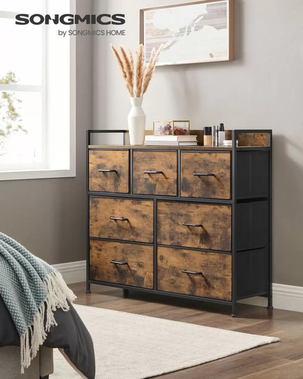 Discount SONGMICS Industrie-Design Kommode mit 7 Stoffschubladen
