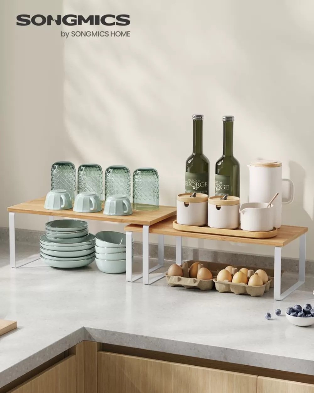 Outlet SONGMICS Küchen-Organizer 2er Set erweiterbar stapelbar wolkenweiß-naturbeige