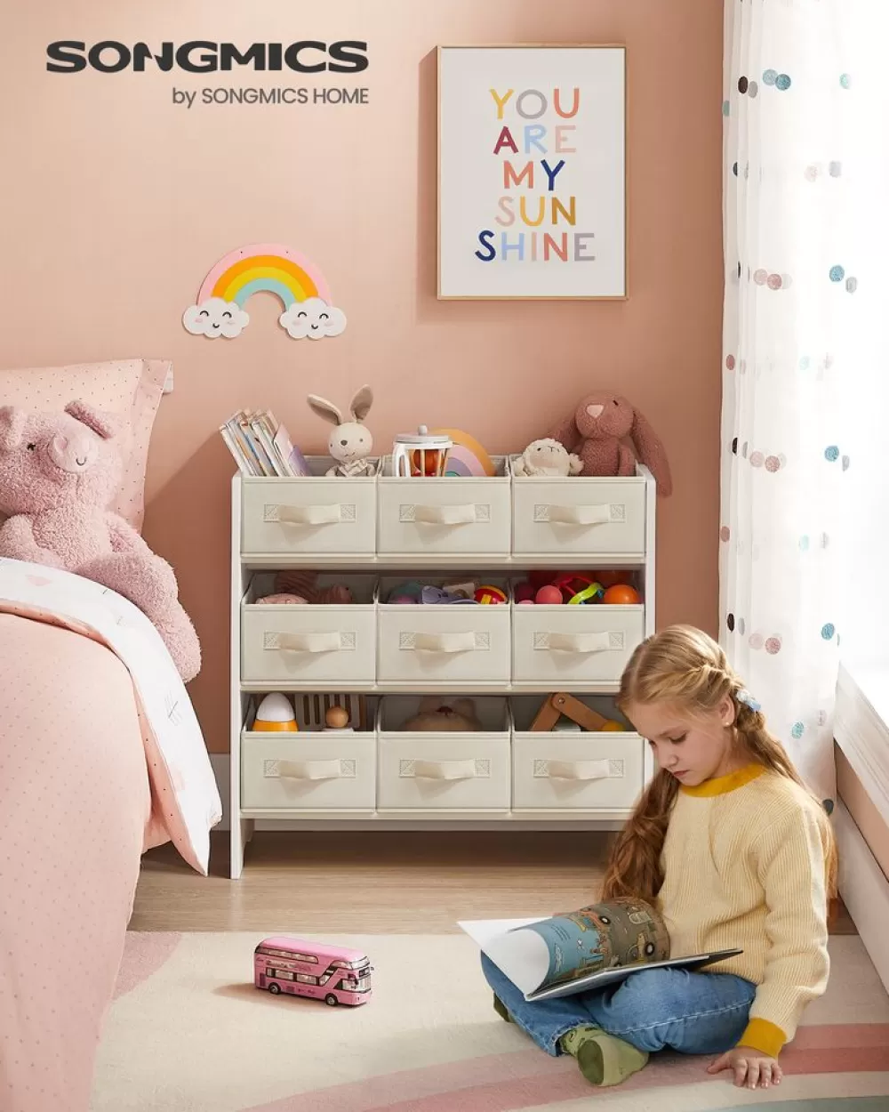 Best SONGMICS Kinderregal mit 9 Aufbewahrungsboxen aus Vliesstoff wolkenweiß