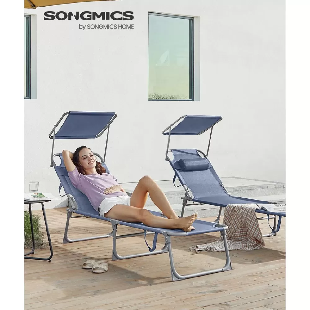 Store SONGMICS Klappbare Sonnenliege mit Sonnenschutz blau