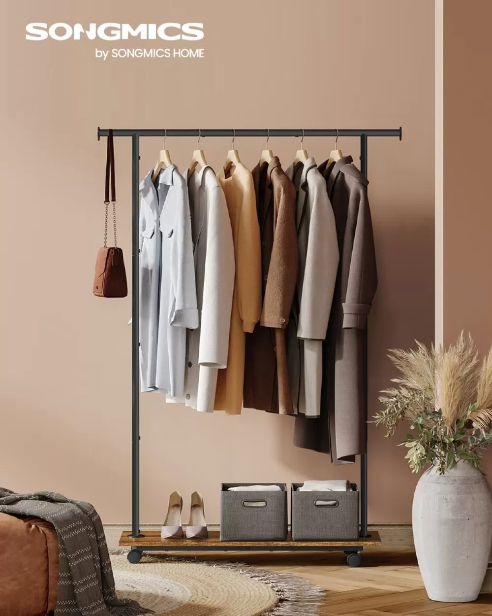 Fashion SONGMICS Kleiderständer mit Rollen und Ablage rustikal braun und schwarz