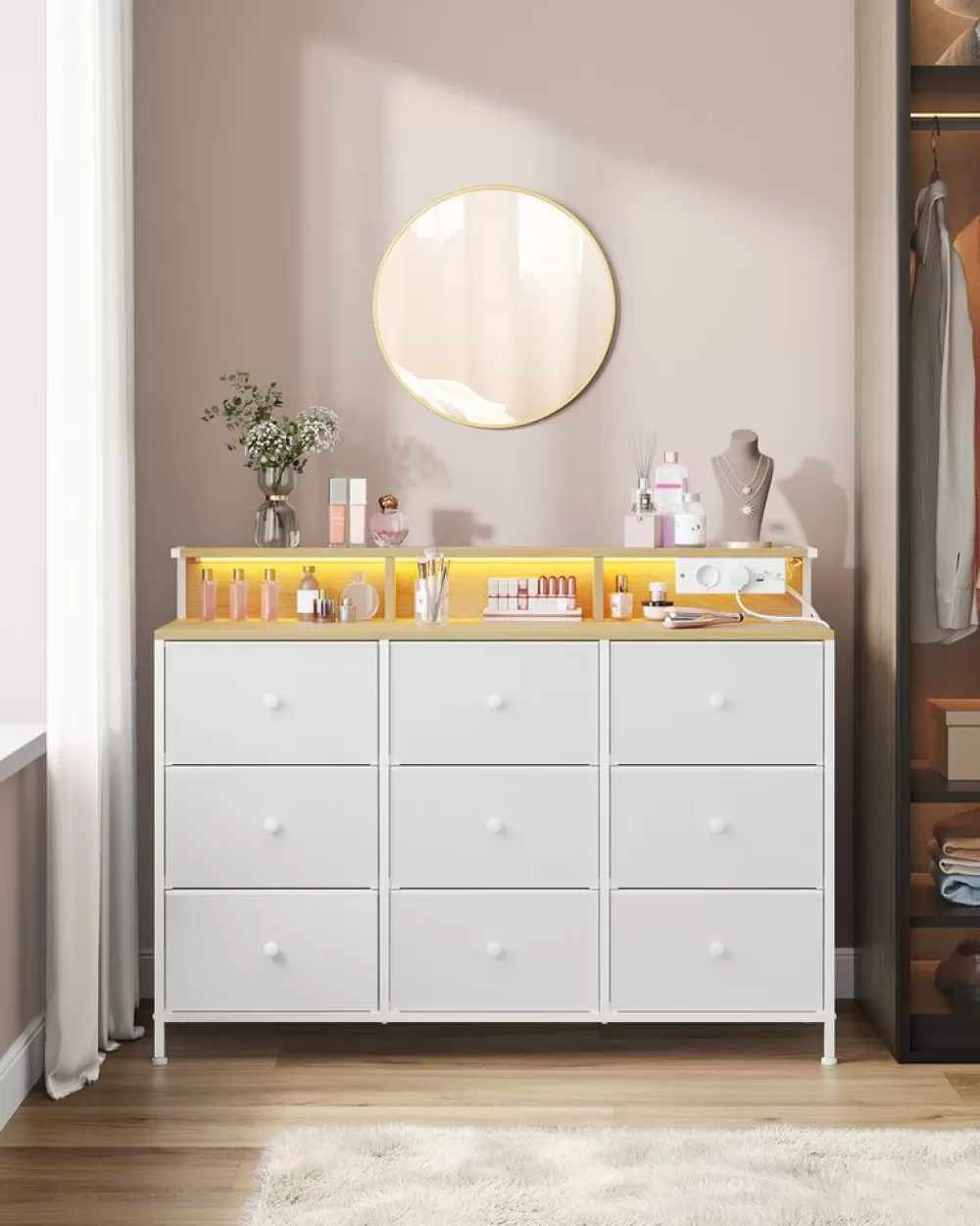 New SONGMICS Kommode mit 9 Schubladen und LED-Beleuchtung wolkenweiß