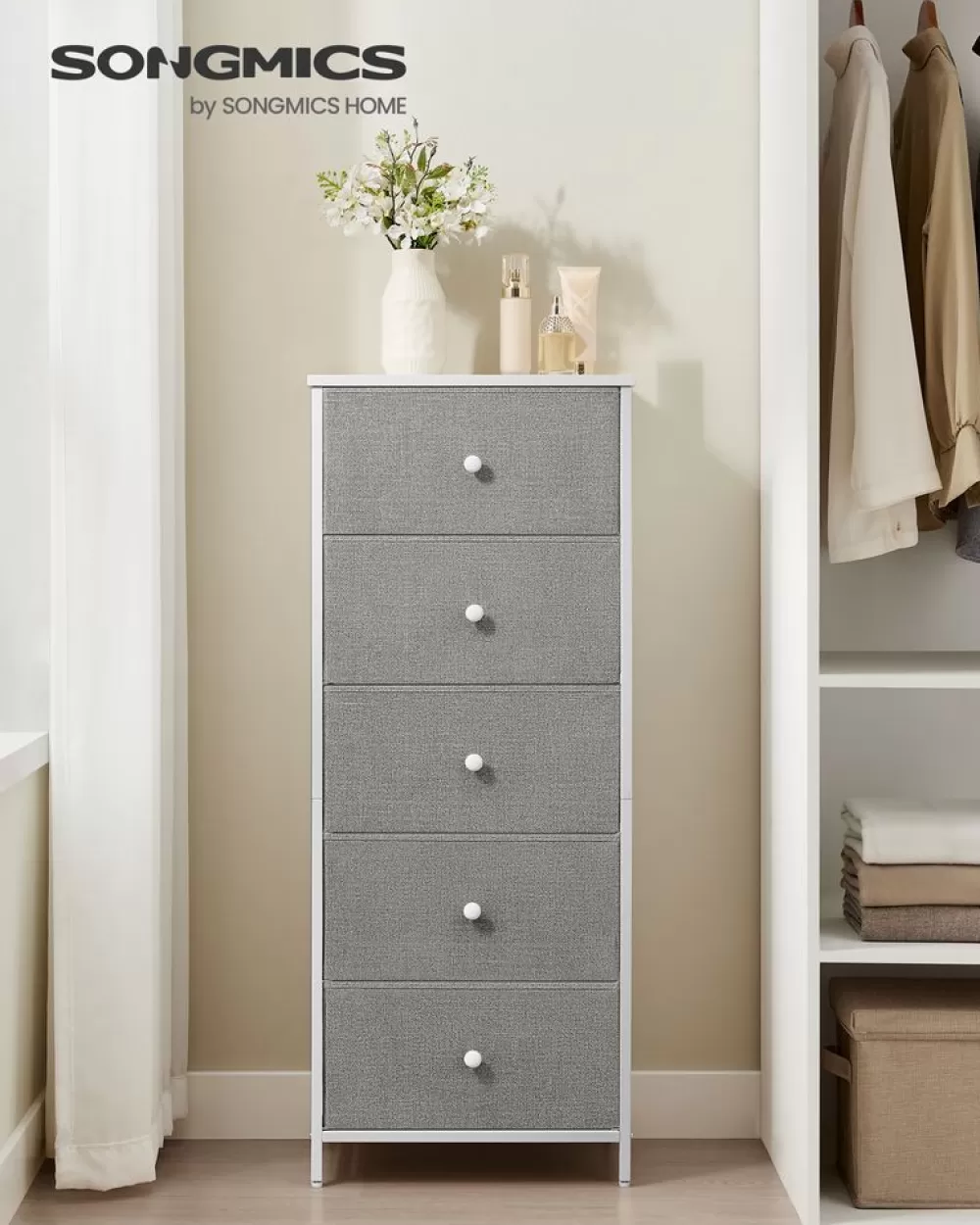 Sale SONGMICS Kommode mit 5 Stoff-Schubladen schmal taubengrau-cremeweiß