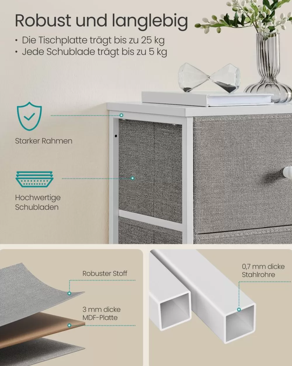 kommode_mit__stoffschubladen_schmal_taubengraucremewei_3.webp Sale SONGMICS Kommode mit 5 Stoff-Schubladen schmal taubengrau-cremeweiß