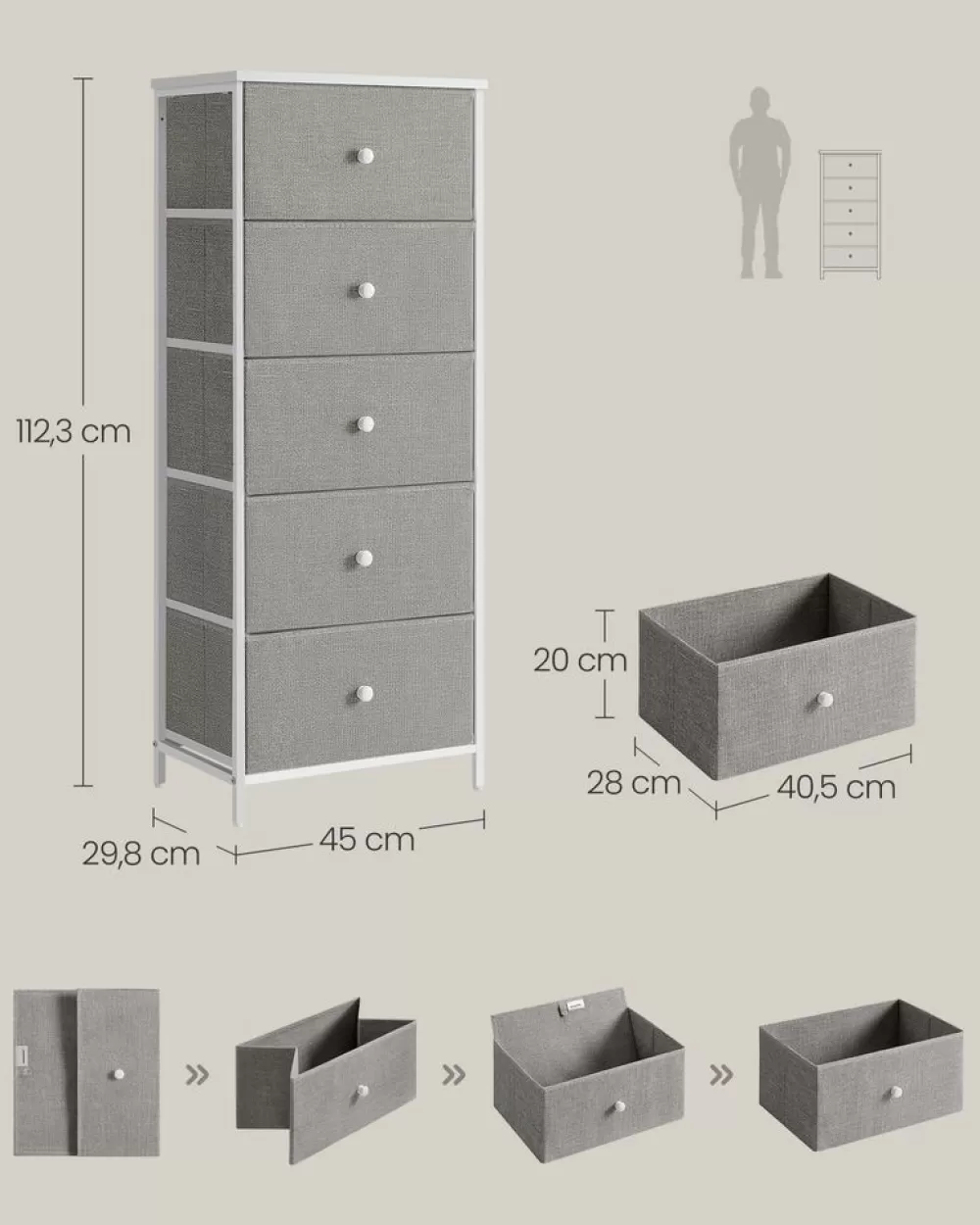 kommode_mit__stoffschubladen_schmal_taubengraucremewei_4.webp Sale SONGMICS Kommode mit 5 Stoff-Schubladen schmal taubengrau-cremeweiß