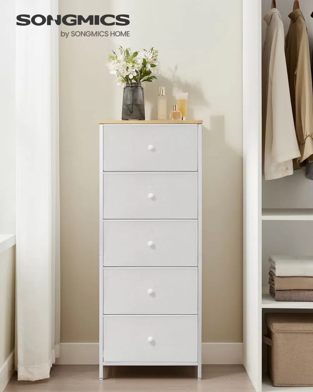 kommode_mit__stoffschubladen_schmal_taubengraucremewei_7.webp Sale SONGMICS Kommode mit 5 Stoff-Schubladen schmal taubengrau-cremeweiß