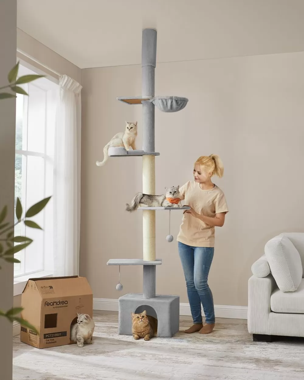 Discount SONGMICS Kratzbaum deckenhoch 231-291 cm höhenverstellbar hellgrau