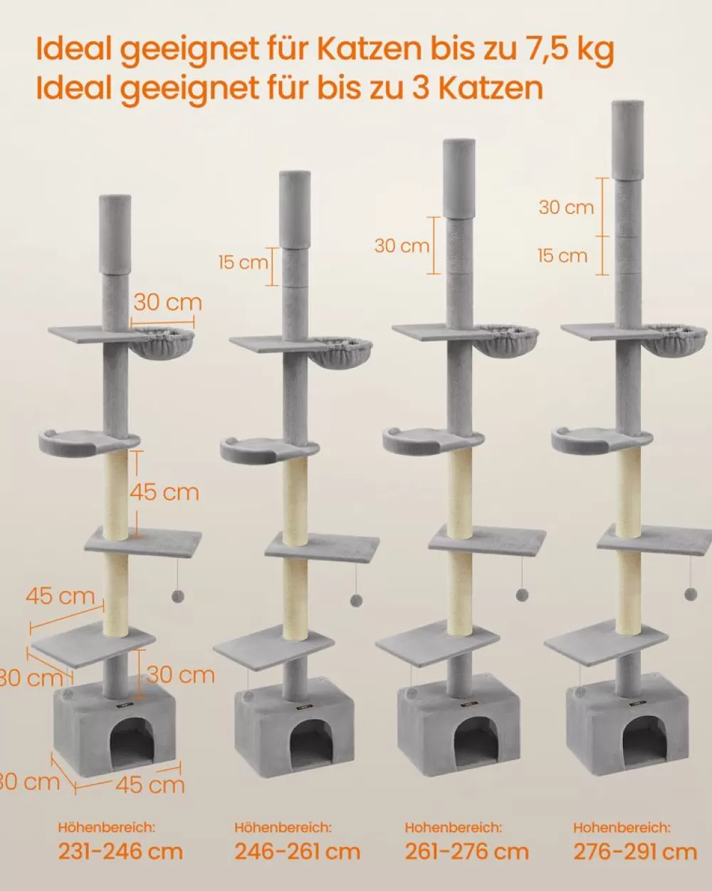kratzbaum_deckenhoch__cm_hhenverstellbar_hellgrau_5.webp Discount SONGMICS Kratzbaum deckenhoch 231-291 cm höhenverstellbar hellgrau