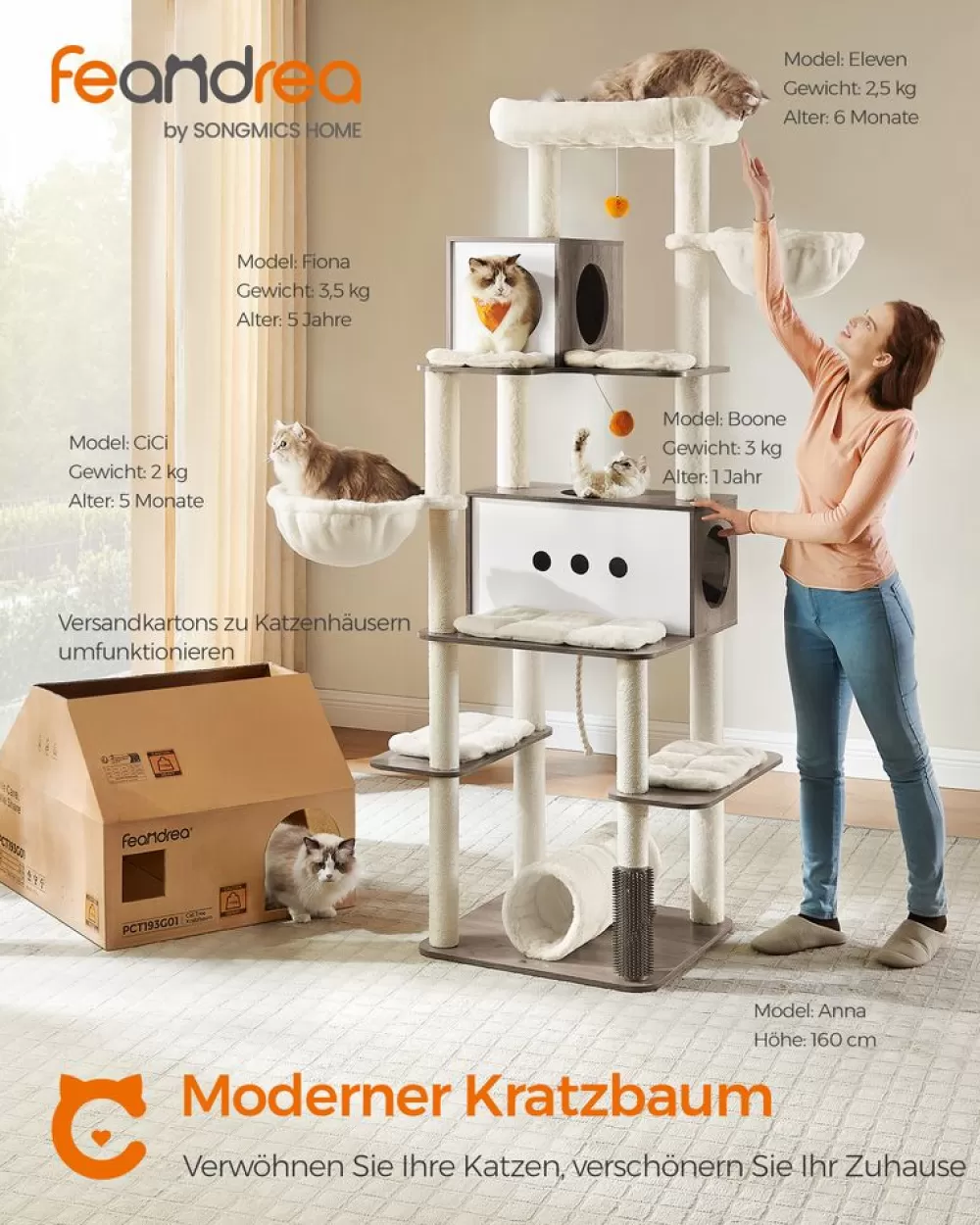 Fashion SONGMICS Kratzbaum mit 2 Höhlen und 2 Liegemulden greige