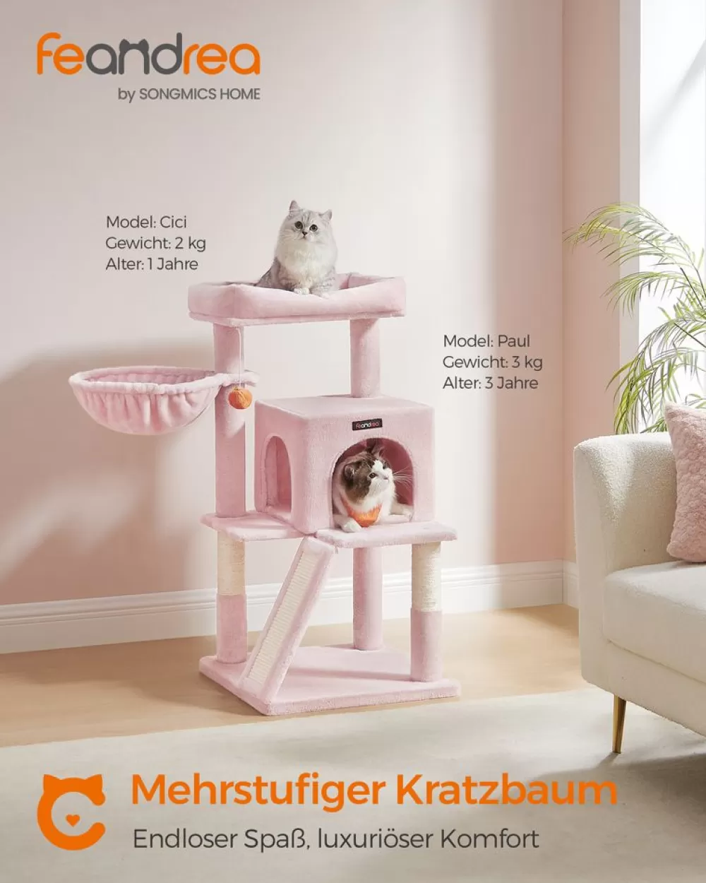 New SONGMICS Kratzbaum mit großer Plattform pastellrosa