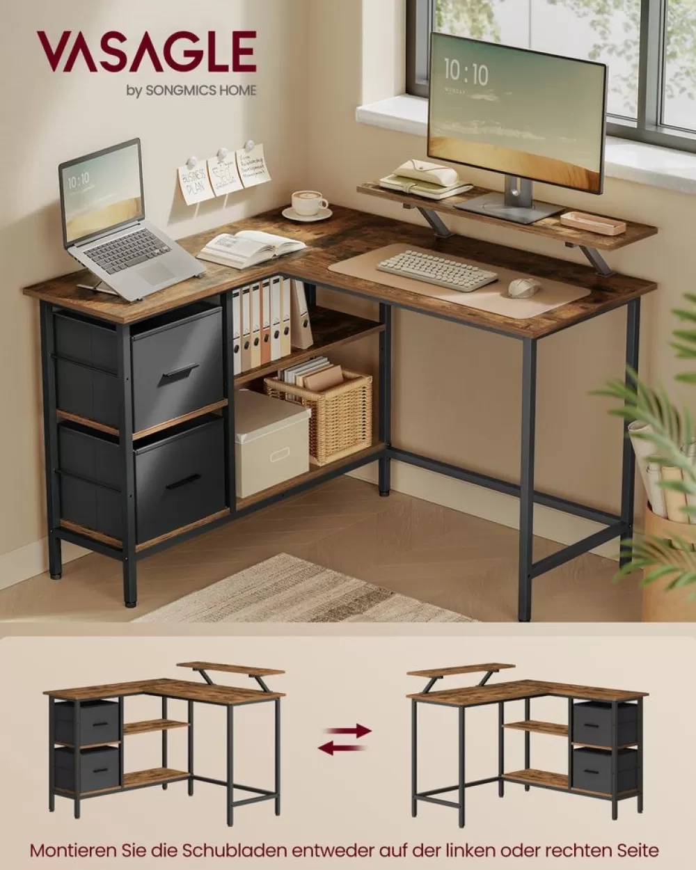 Best SONGMICS L-förmiger Schreibtisch mit 2 Schubladen 115 x 105 cm