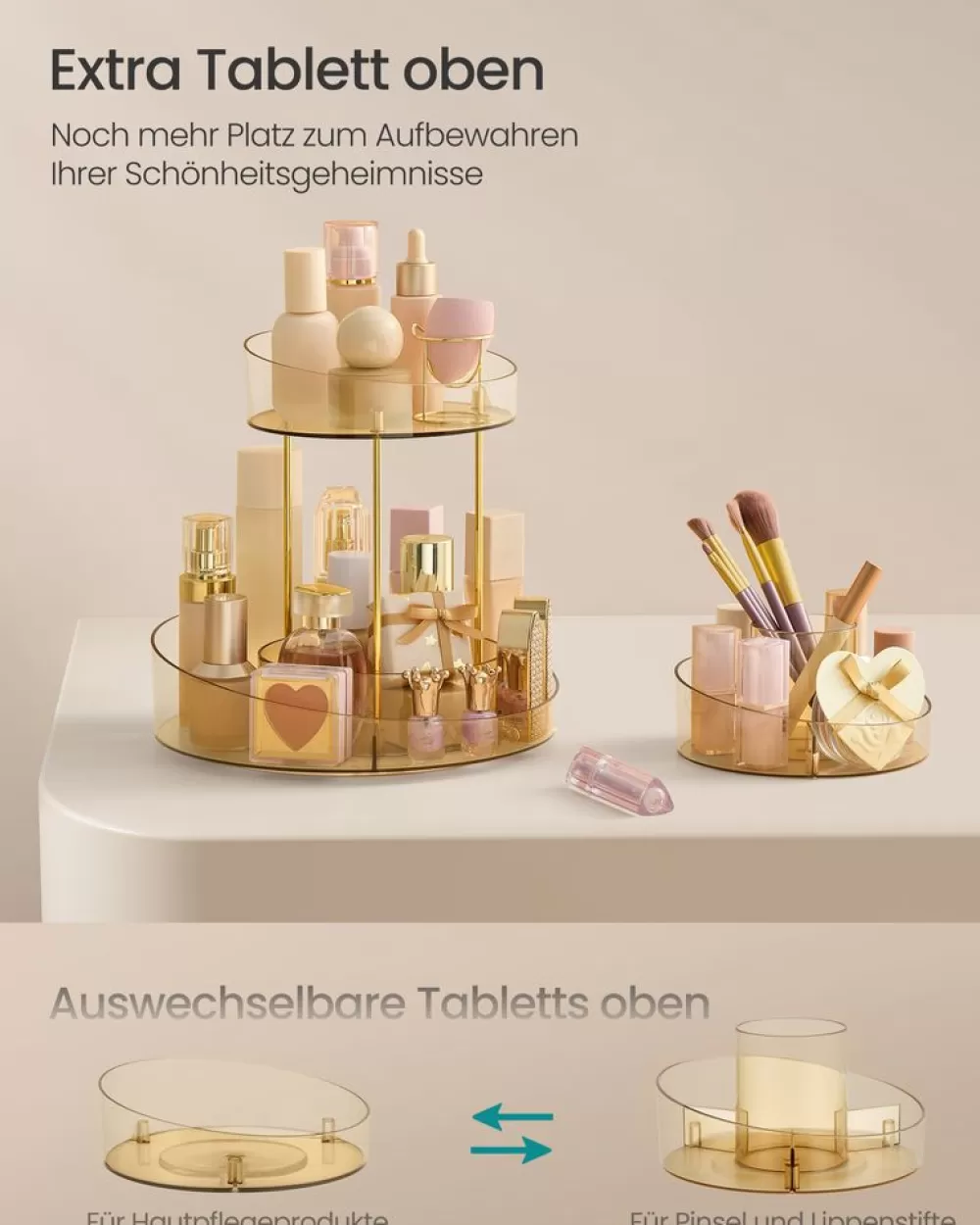 makeup_organizer_drehbar_mit_extra_tablett_champagnergold_2.webp Clearance SONGMICS Make-up Organizer drehbar mit extra Tablett champagnergold
