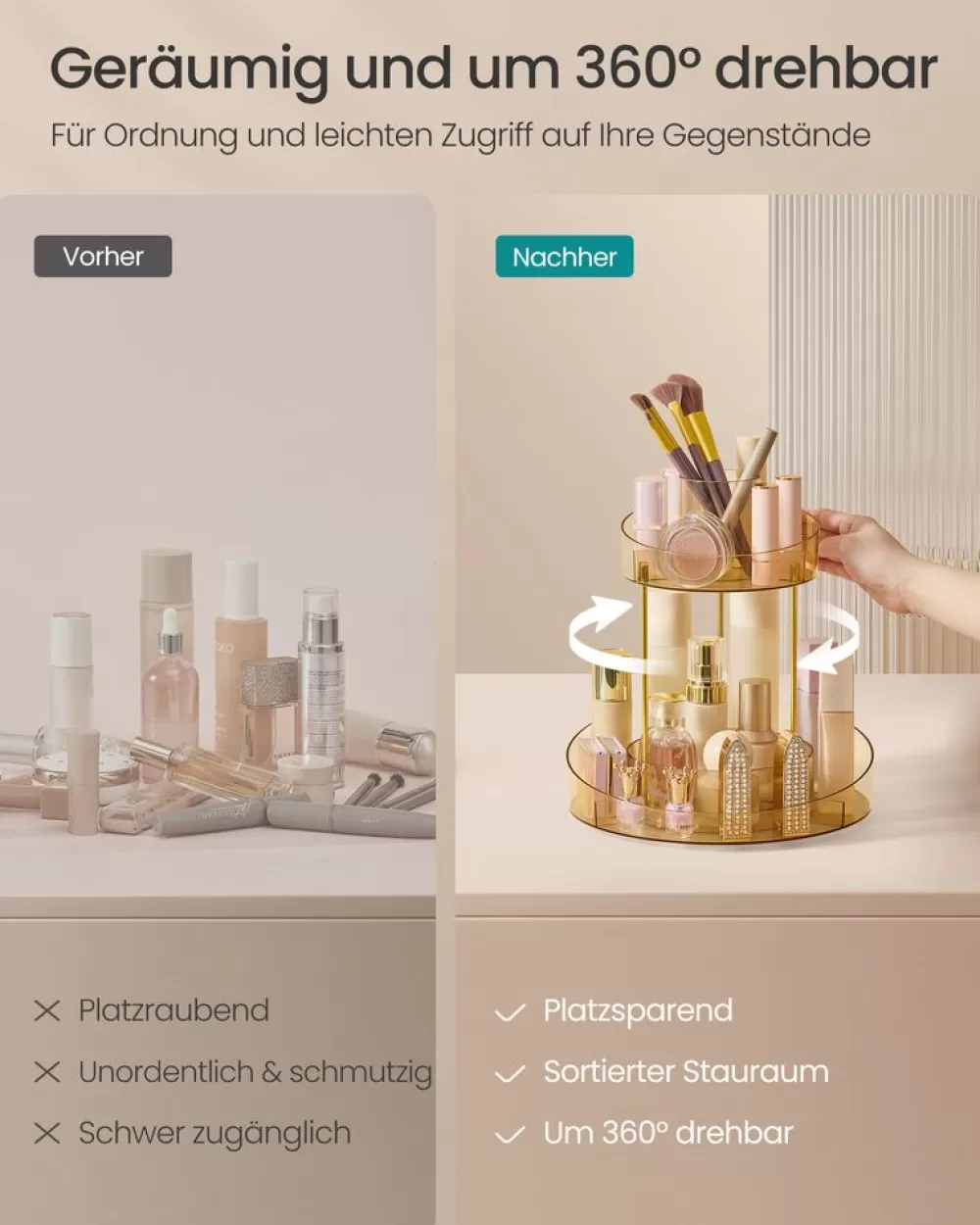 makeup_organizer_drehbar_mit_extra_tablett_champagnergold_3.webp Clearance SONGMICS Make-up Organizer drehbar mit extra Tablett champagnergold
