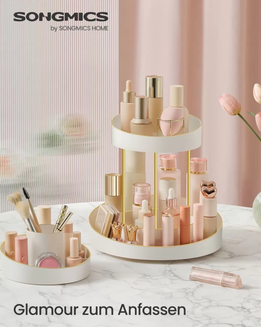 makeup_organizer_drehbar_mit_extra_tablett_champagnergold_7.webp Clearance SONGMICS Make-up Organizer drehbar mit extra Tablett champagnergold