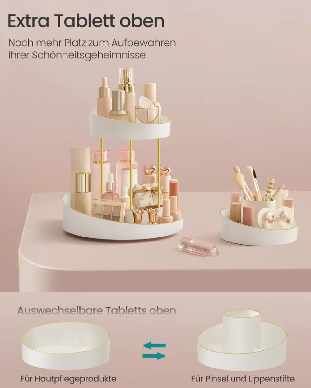 makeup_organizer_drehbar_mit_extra_tablett_champagnergold_8.webp Clearance SONGMICS Make-up Organizer drehbar mit extra Tablett champagnergold