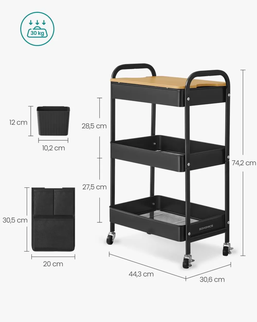 metallgitterablagen_servierwagen_tintenschwarz_4.webp Flash Sale SONGMICS 3 Metallgitterablagen, Servierwagen tintenschwarz