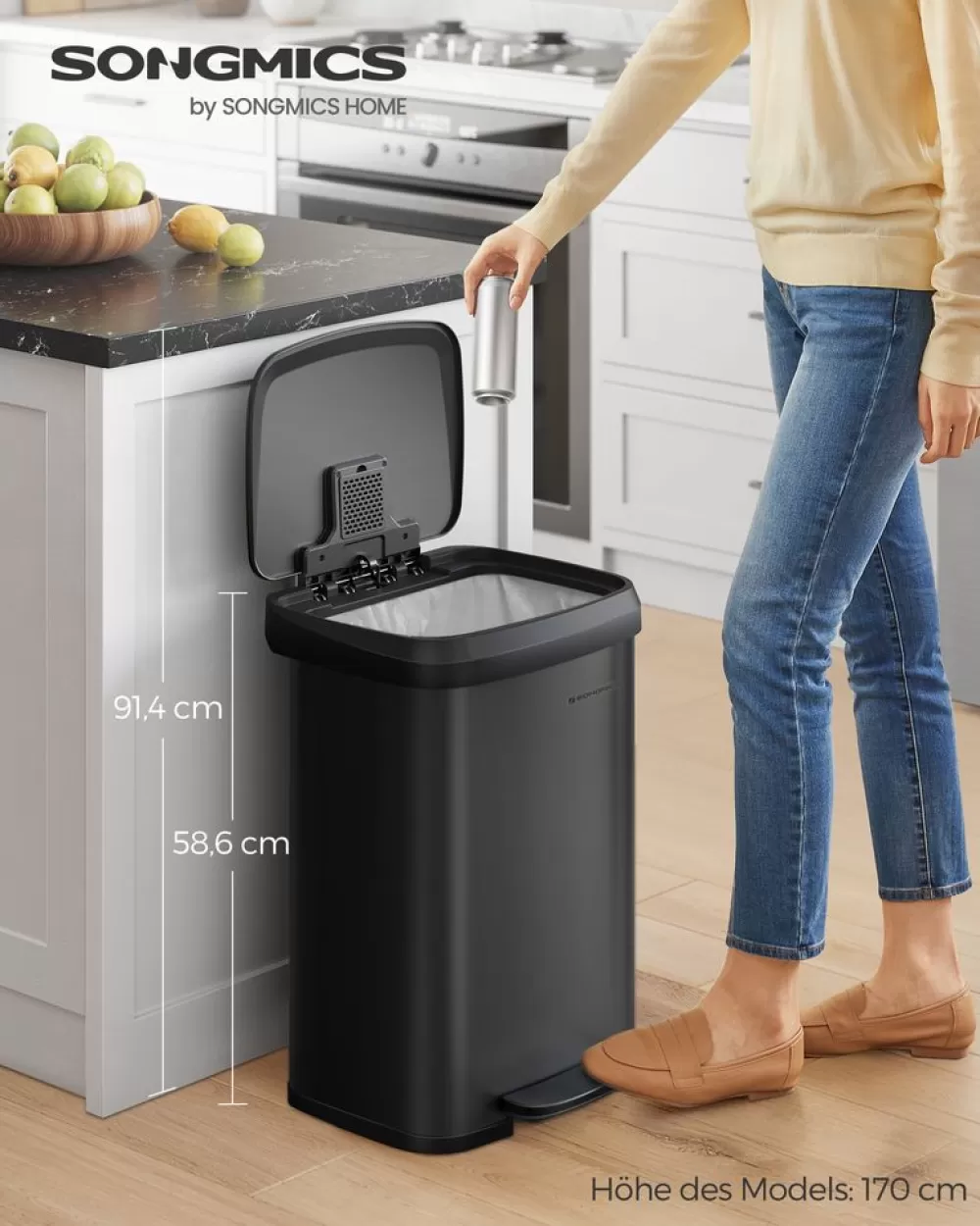 Online SONGMICS Mülleimer Küche 50 Liter aus Metall mit Deckel schwarz