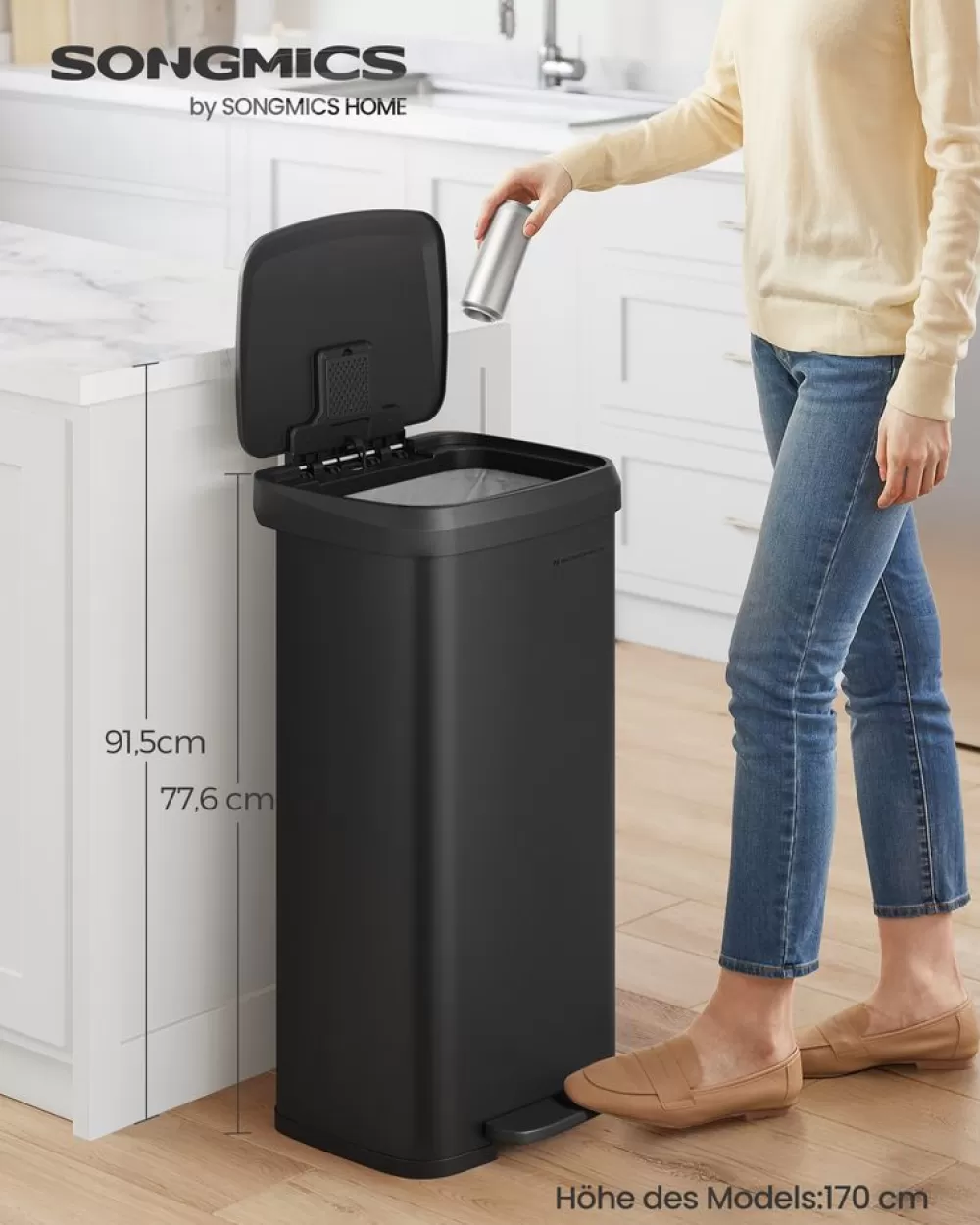 Hot SONGMICS Mülleimer Küche 68 Liter aus Metall mit Deckel schwarz